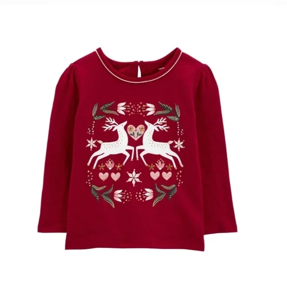 NWT Carter's Toddler Girls Christmas Reindeer Jersey T-shirt - Size 4T - Picture 1 of 8